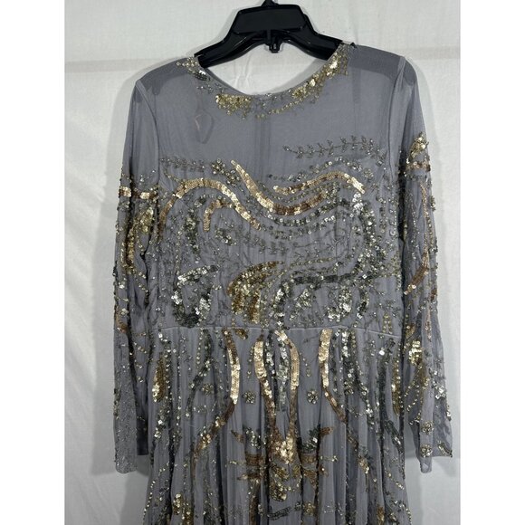 NWT $798 Mac Duggal [ 14 ] Long Sleeve Embellished Illusion Gown‎ Platinum Gold - Picture 9 of 15